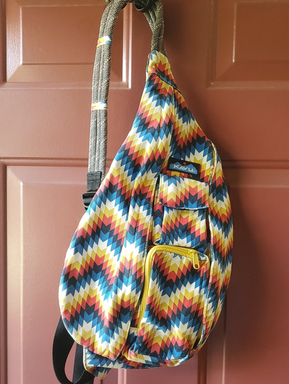 Kavu Multicolor Chevron Sling Bag with Yellow Accents